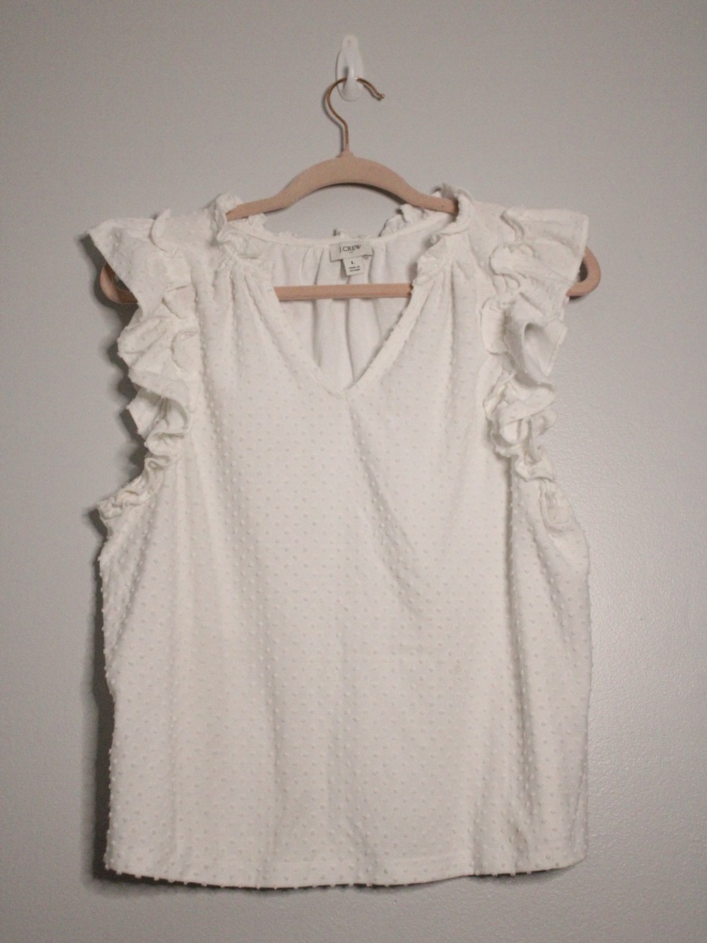 J. Crew White Ruffle Swiss Dot V-Neck Blouse